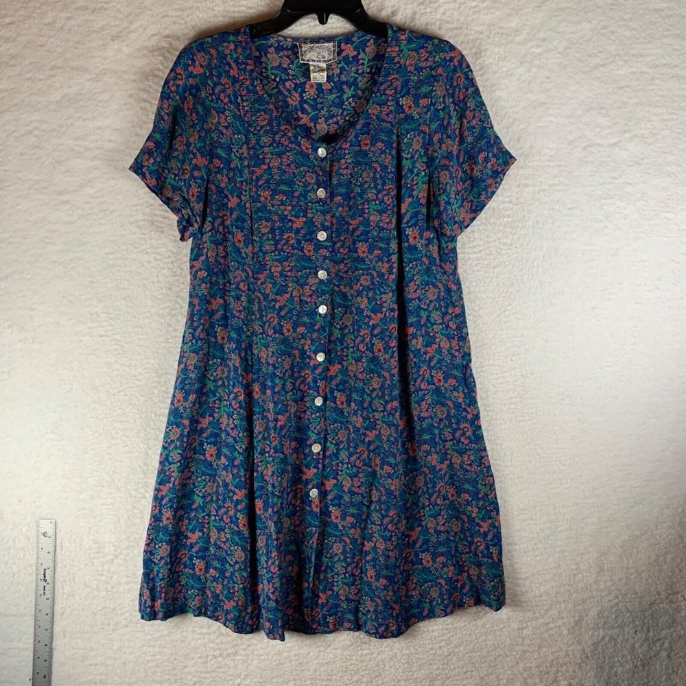 Pudding Shop Women's Button Front Tie Back Teal Floral Short Dress Size S 8721